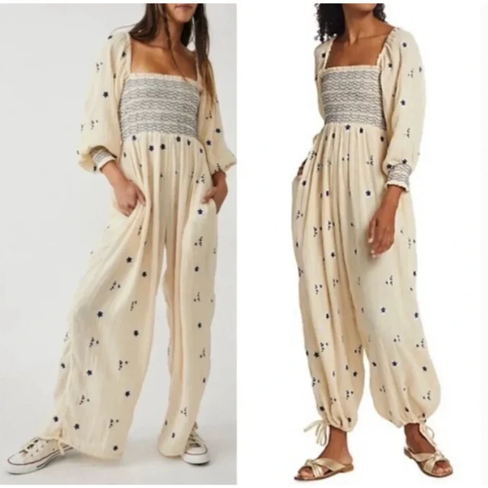 FREE PEOPLE Dahlia Embroidered Jumpsuit Women's Medium Washed Out Cream Gauze